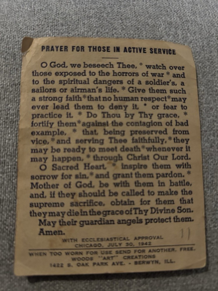 WWII Prayer For Those In Active Service Card