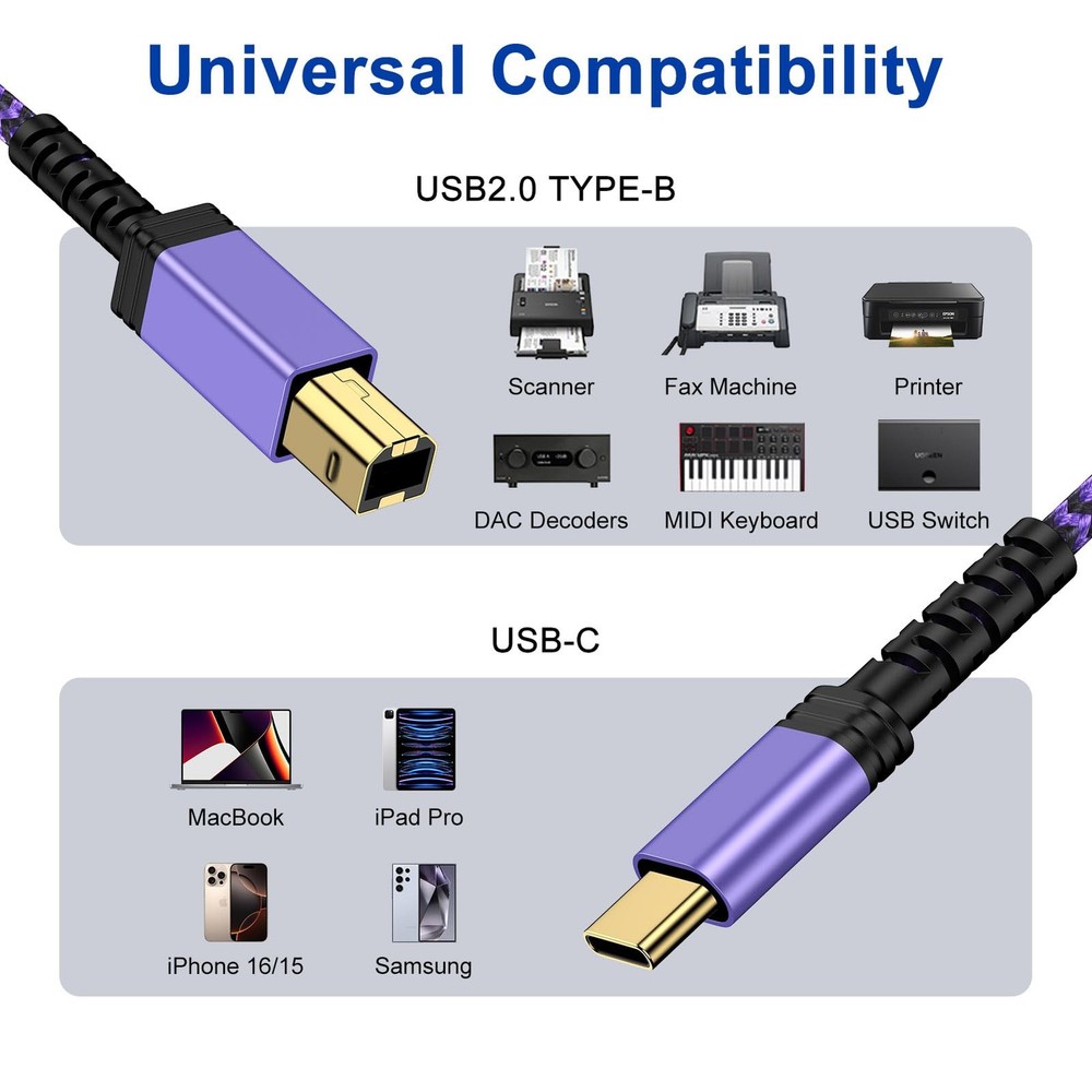 UorMe USB B to C Printer Cable 6FT, Type B C Purple