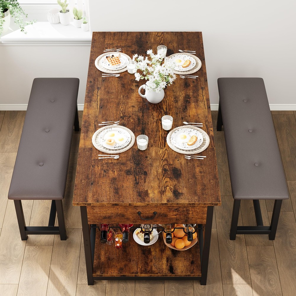 Dining Table Set for 4 Kitchen Table with 2 Benches, Storage Drawers ,Wine Rack