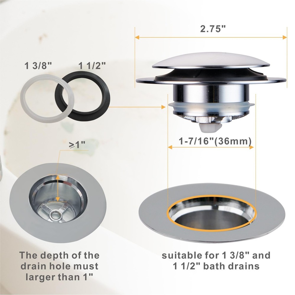 Wellup Universal Pop Up Tub Drain Stopper Replacement Chrome Plated