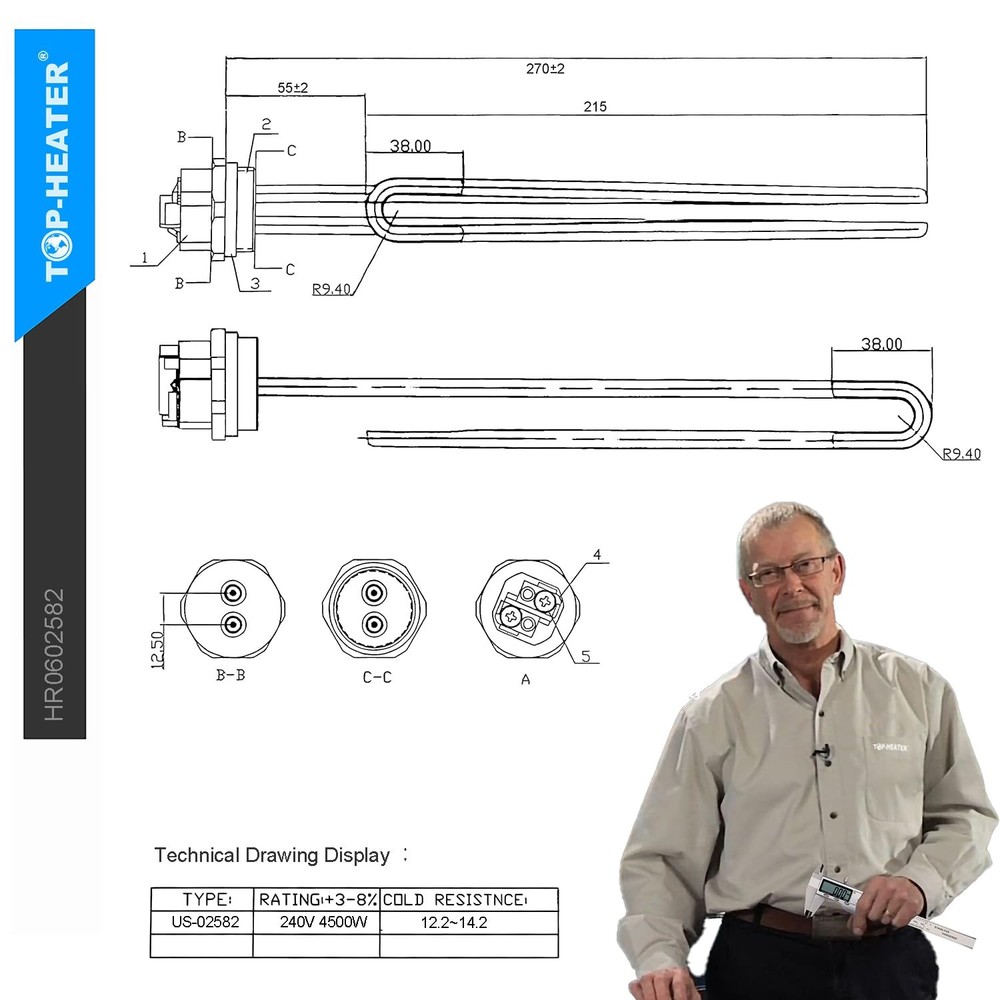 Water Heater Element 4500W,Foldback Type universal screw-in 02582 Silver