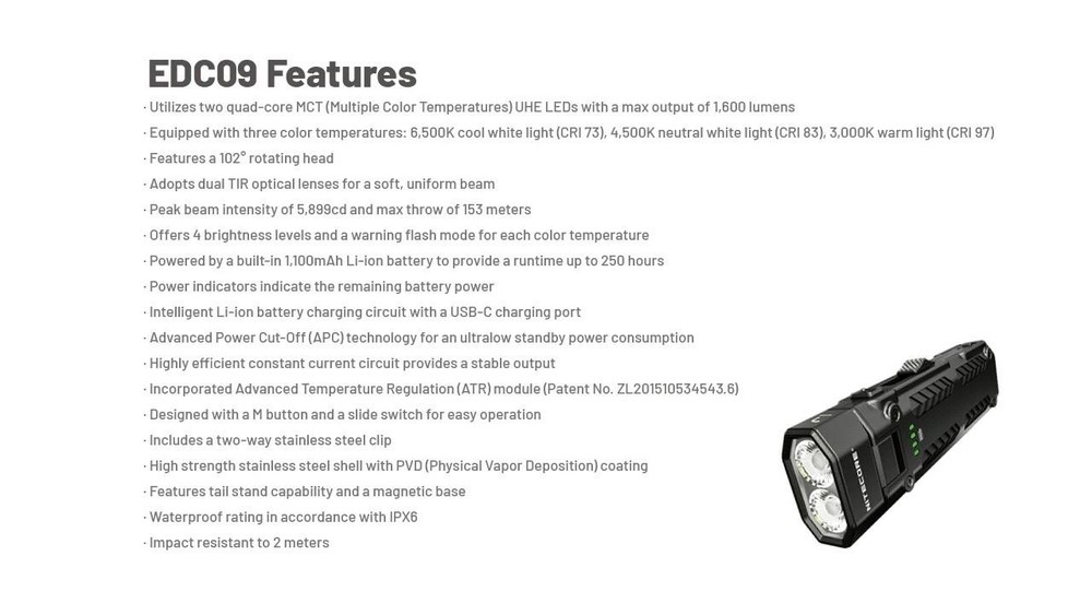 Nitecore EDC09 EDC Flashlight High CRI Three Color Temperatures Adjustable Angle