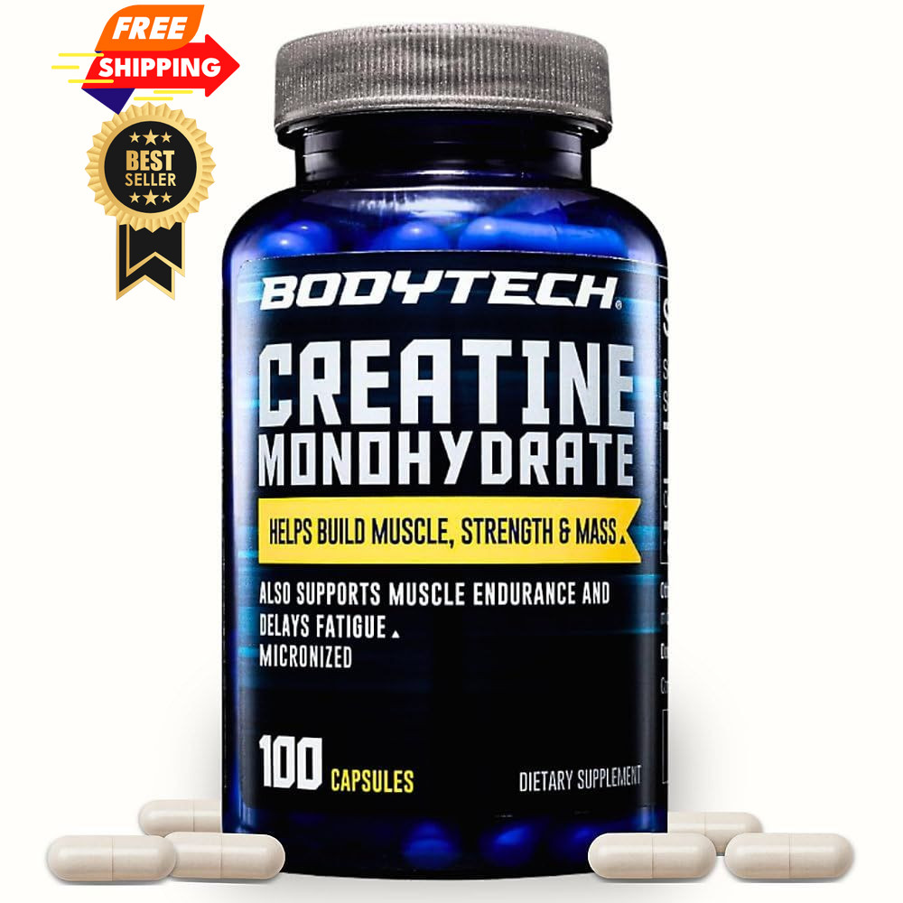 BodyTech Creatine Monohydrate Capsules, Micronized 100 Count (Pack of 1)
