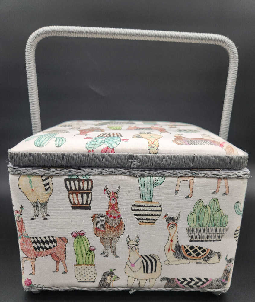 Llama Sewing Craft Box w/ Handle & Removable Accessory Tray Fabric Covered NEW