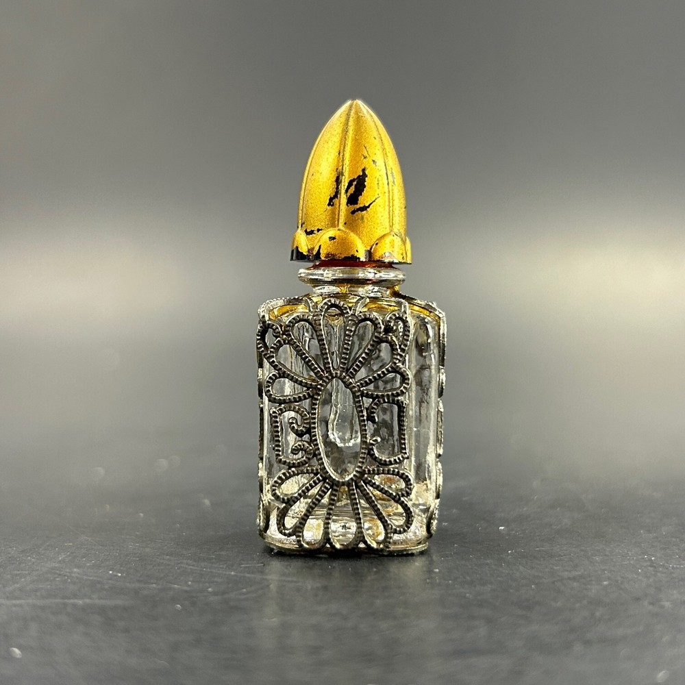 Vtg Mini Perfume Bottle Silver-Tone Lattice Over Glass Applicator Attached Empty