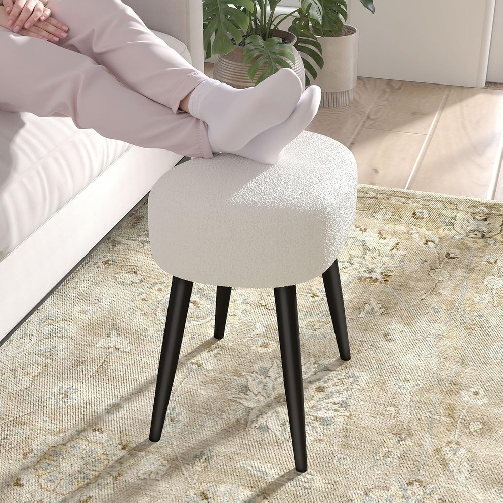 White Vanity Stool Soft Makeup Stool W/ Solid Metal Legs Vanity Corner Morden