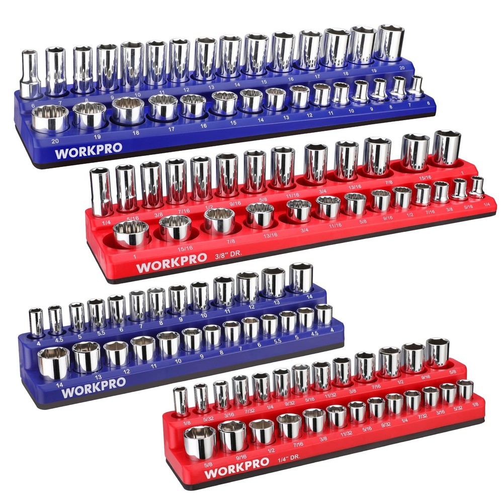 WORKPRO Magnetic Socket Organizer Set, 4 Pieces-1/4" & 3/8" DR, SAE & Metric