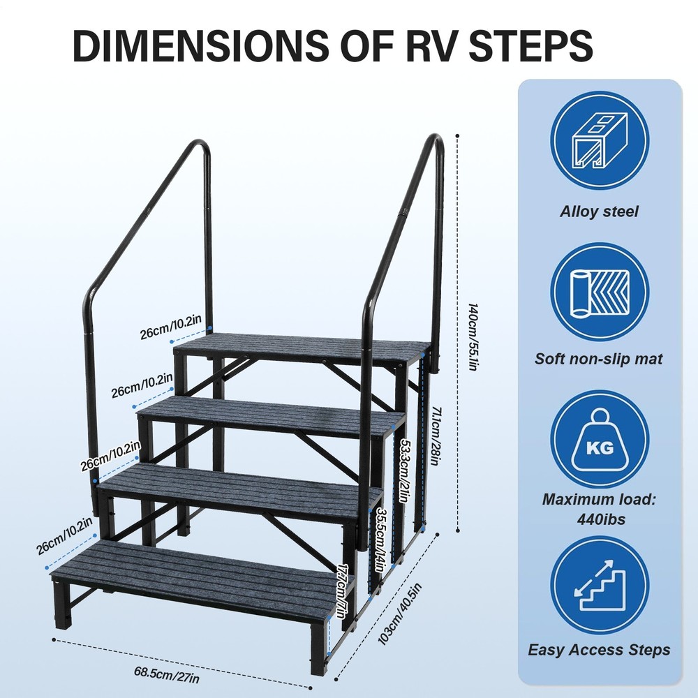 4 RV Steps with Handrails 4th Wheel Hot Tub Steps Anti-Slip RV Stair Step Ladder