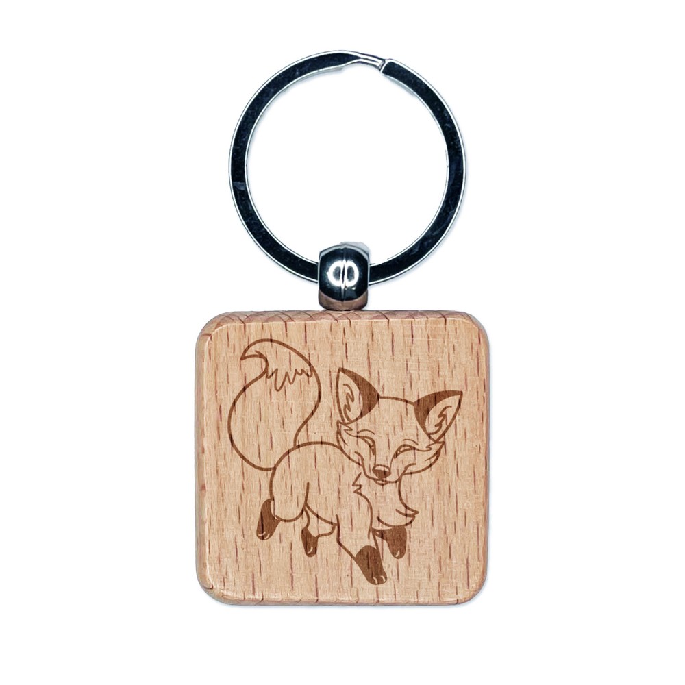 Playful Chibi Fox Engraved Wood Square Keychain Tag Charm