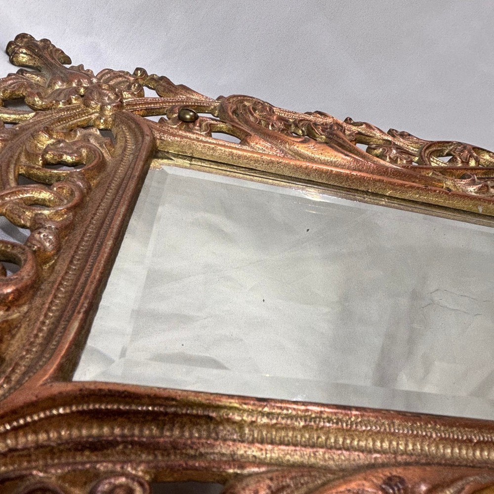 Antique Brass Frame Rococo Style Mirror Table Top Bevel Edge Easel Back