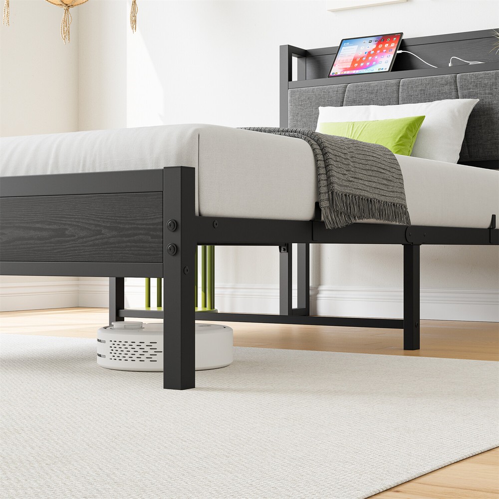 Twin/Full Size Bed Frame Metal Platform Bed Frame w/ Storage Headboard Black US