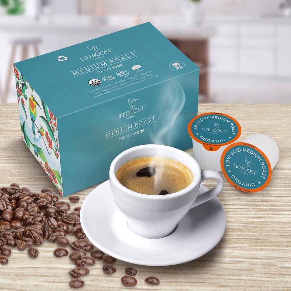 Lifeboost Medium Roast Low Acid Coffee K Cups Single Origin Mold Free 10 Count