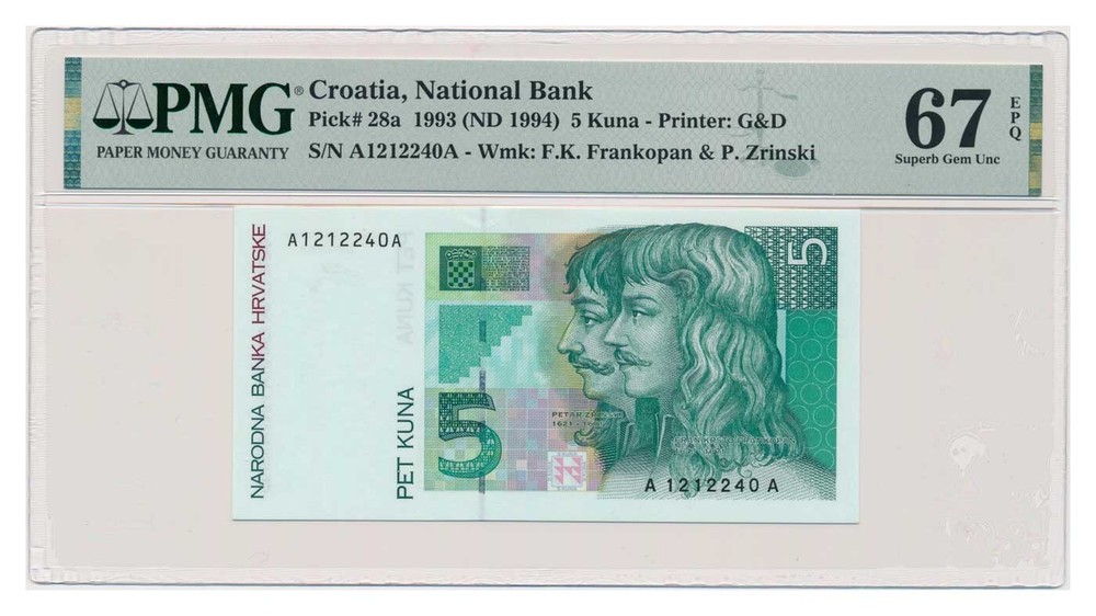 CROATIA banknote 5 Kuna 1993 PMG grade MS 67 EPQ Superb Gem Uncirculated