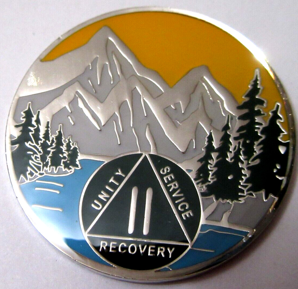 Mountain Blue green Alcoholics Anonymous 2 year AA silver Medallion Coin Token