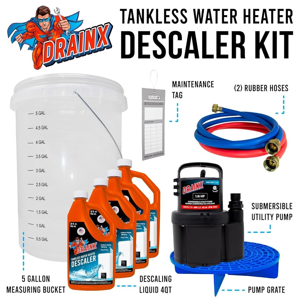 DrainX Tankless Water Heater Flush Kit with 4 Quarts Liquid Descaling Solution