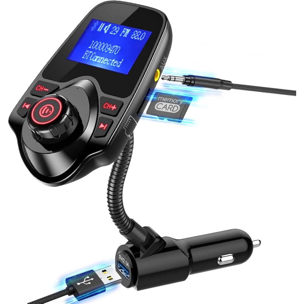 Upgraded Bluetooth Car FM Transmitter, 1.44” LCD Display,AUX & Micro SD Support