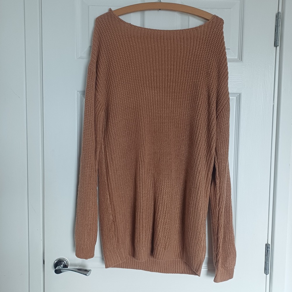 L BNWT NASTY GAL Oversized Open Back Knit Sweater Jumper Pullover Dusky Pink Tan