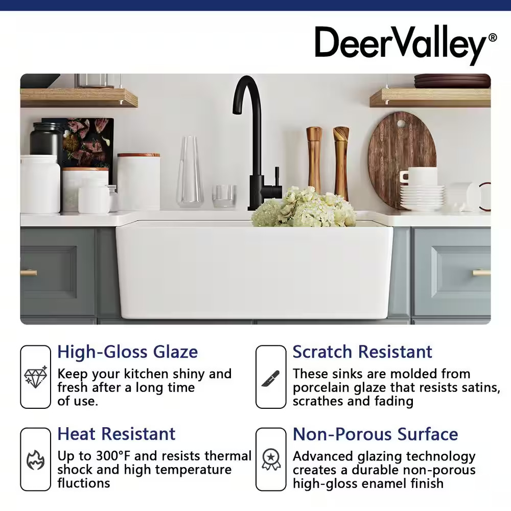 Deervalley Perch White Ceramic 24 In. L Rectangular Single Bowl Farmhouse Apron