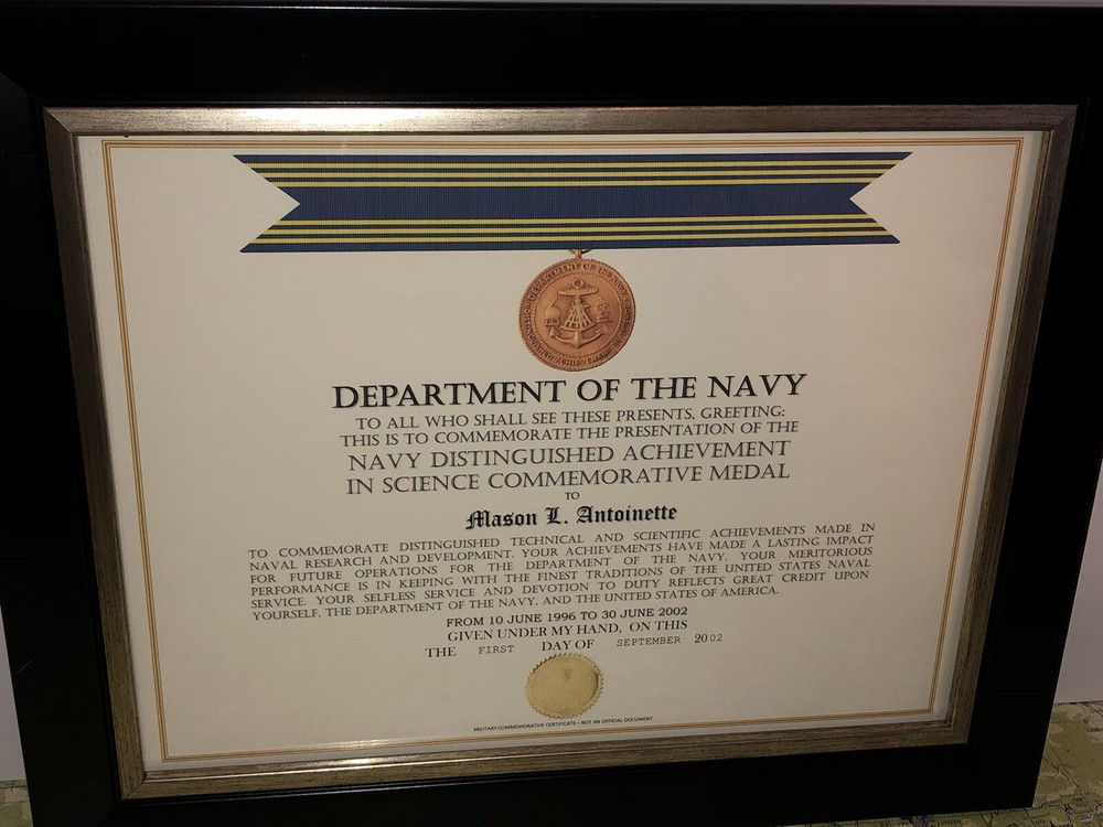 NAVY DISTINGUISHED ACHIEVEMENT IN SCIENCE COMMEMORATIVE AWARD CERTIFICATE Type-1