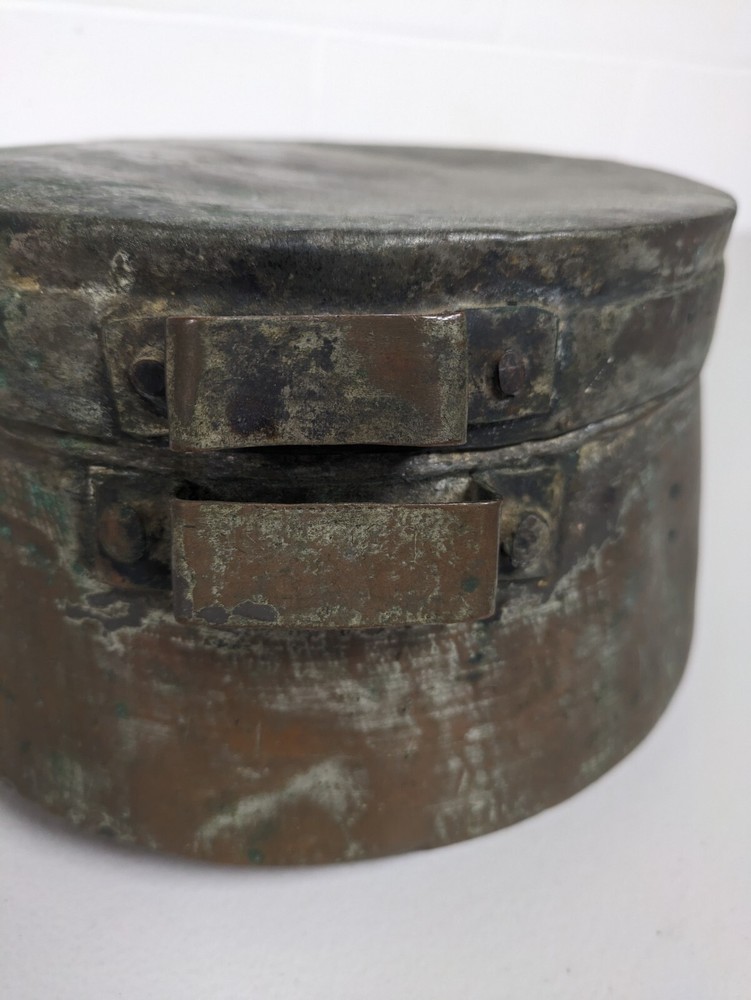 Vintage Handmade Copper Pot with Riveted Handles & Flat Lid Tin Lined Primitive