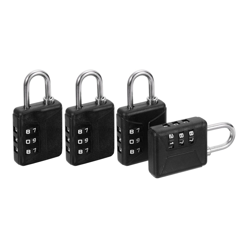 4pcs Resettable 3 Digit Plastic Combination Padlock, Black (60 x 32mm)