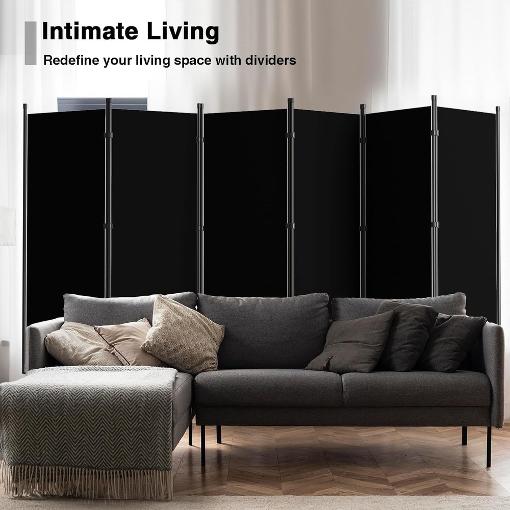 6-Panel Folding Room Divider 6FT Rolling Privacy Screen /Black