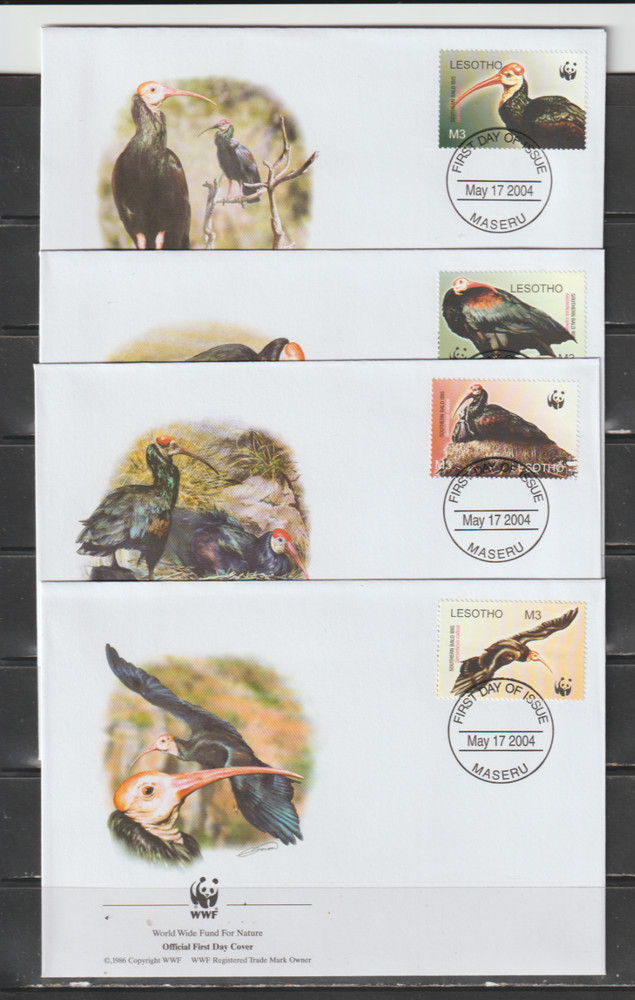 Lesotho 2004 WWF Southern Bald Ibis x 4 FDC`s set per scan