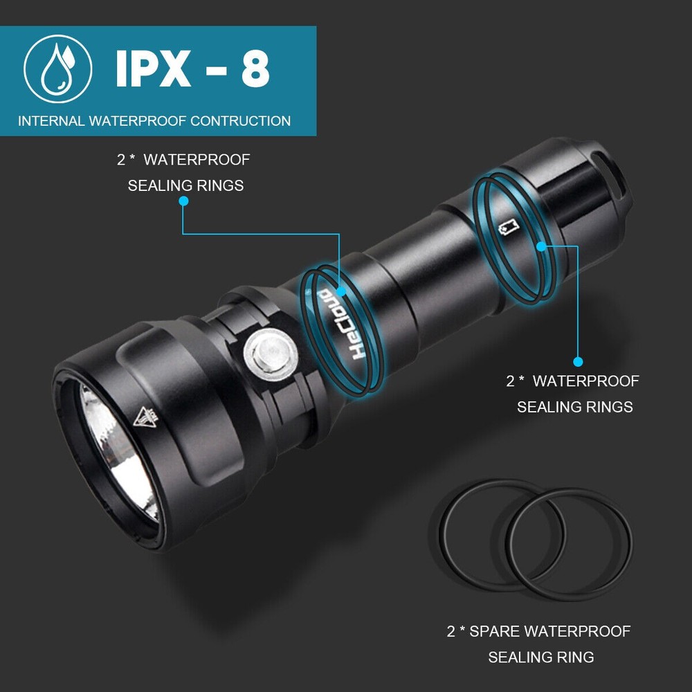 Scuba Diving Flashlight Waterproof Underwater 394ft LED Dive Torch Snorkeling