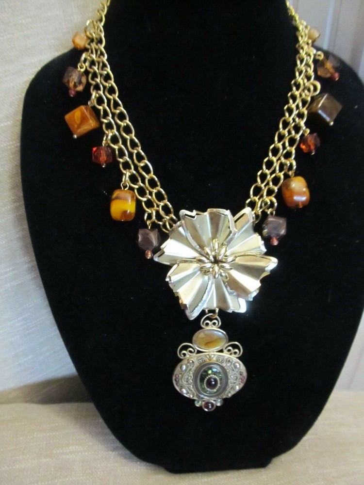 Vintage Dimensional Flower & Medallion Statement Necklace-A Repurposed Original