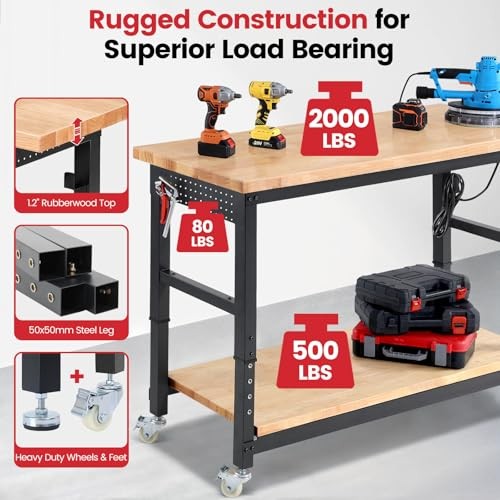 Work Bench for Garage Adjustable Workbenches with 60 INCH Double Layer&Wheels