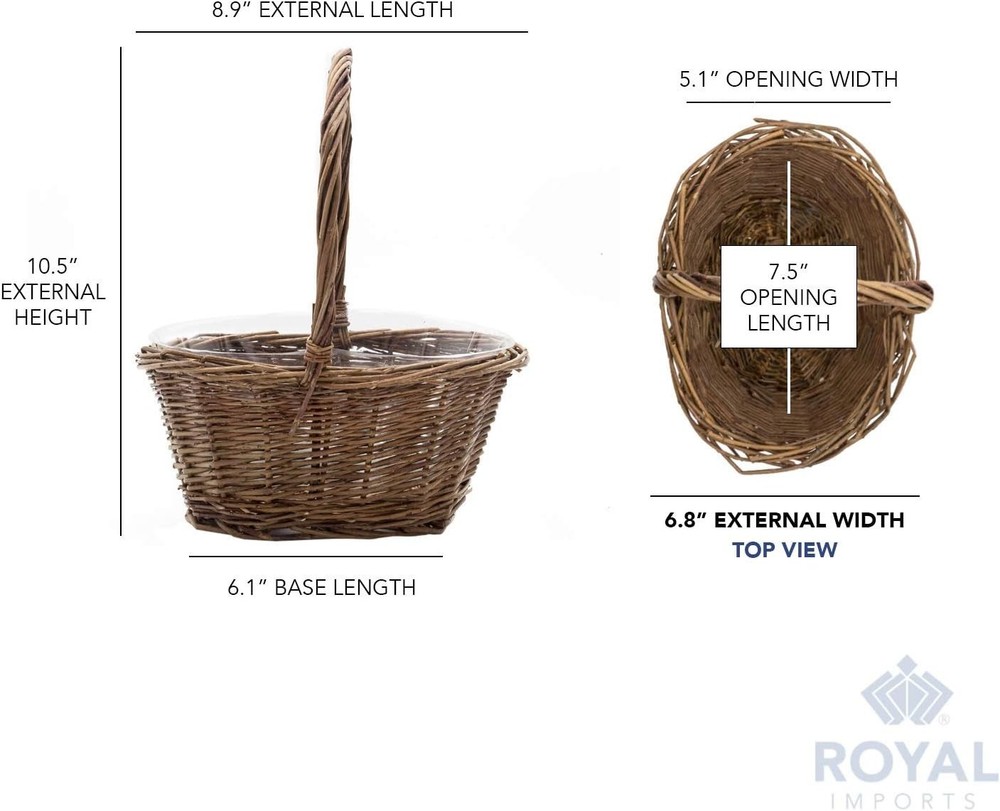 Willow Woven Easter Gift Basket Small Oval Brown Static Handle & Plastic Insert