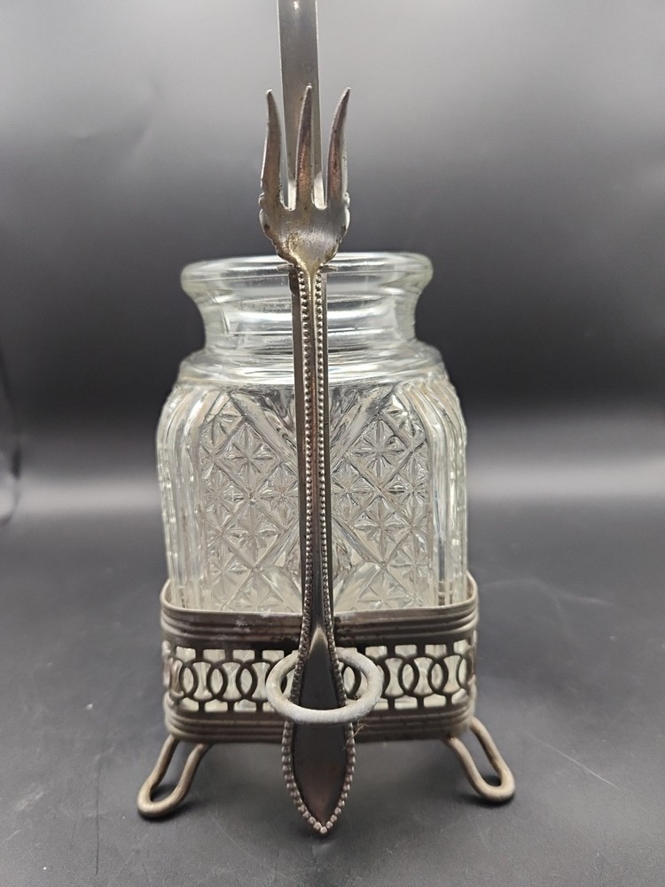 Rustic Victorian Pickle Castor - Pressed Glass, Metal Stand & Silver Plate Fork