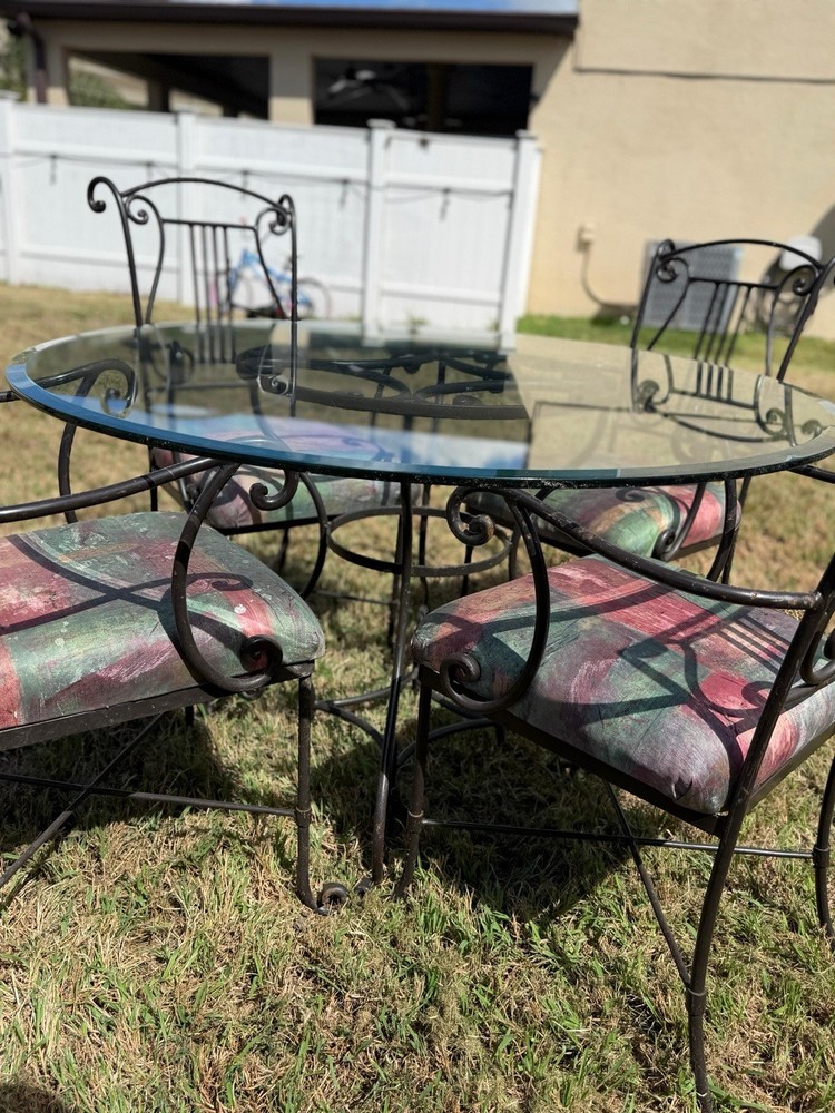 Wrought Iron Style Glass Top Dining Table Set with 4 Chairs