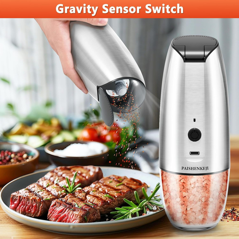 USB Rechargeable Electric Salt & Pepper Grinder Set w LED, Adjustable Coarse