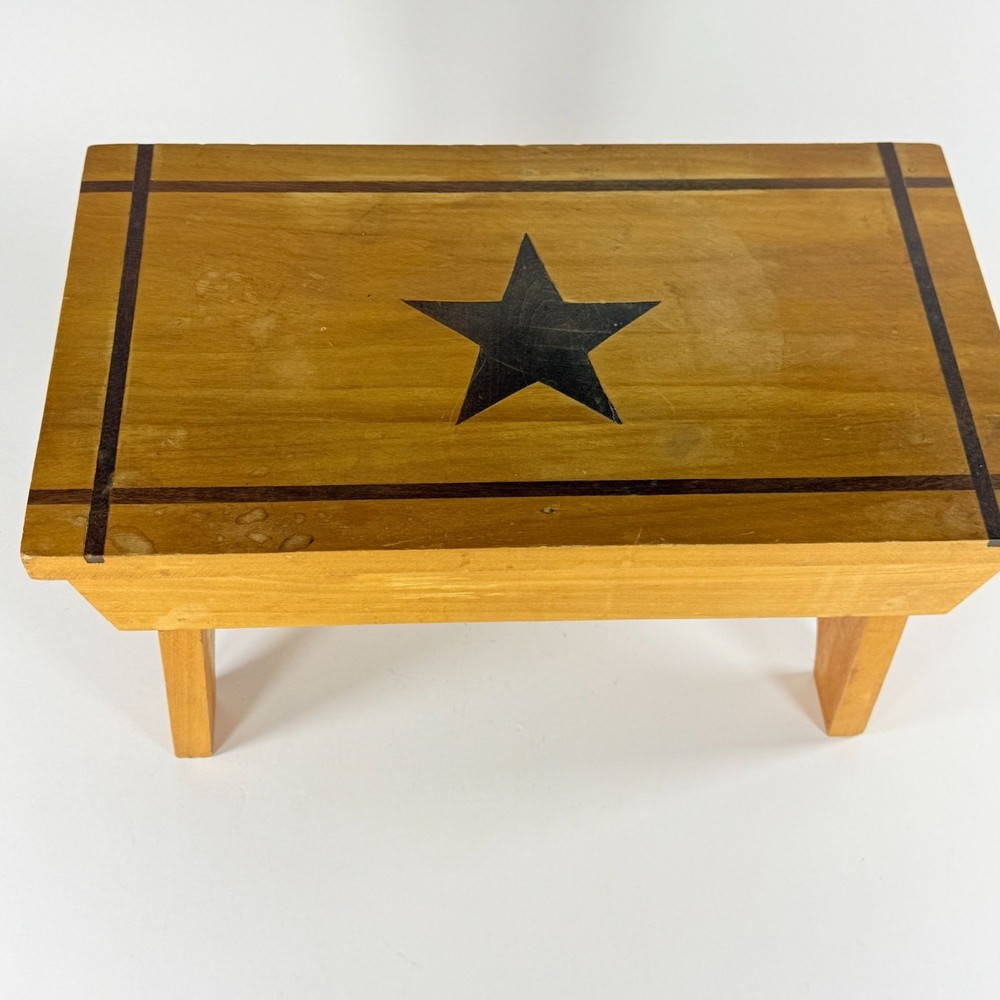 Rustic Wood Stool W/ Black Star Design Rectangular Stool Country Farmhouse Decor