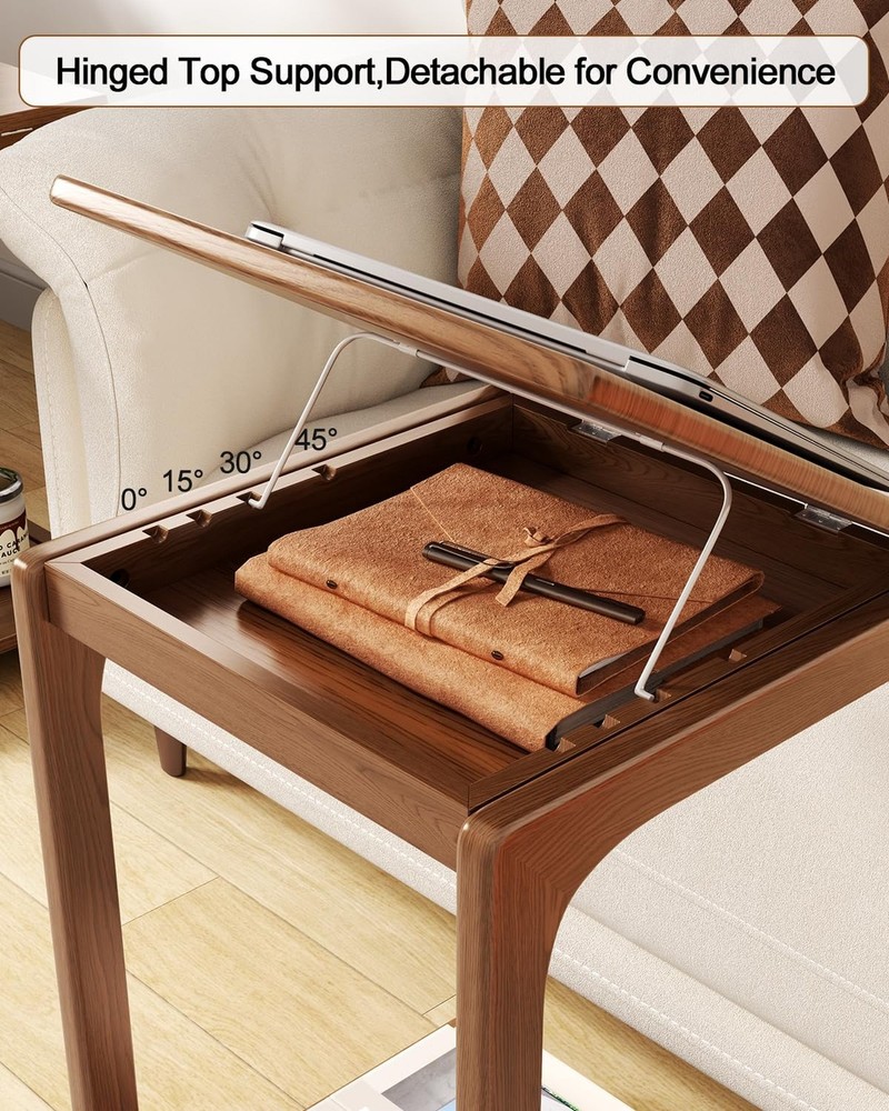 Wooden C-Shaped End Table,Couch Table with Adjustable Desktop,Small Rolling S...