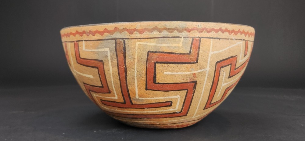 Vintage Peru Shipibo-Conibo Polychrome Earthenware Pottery Rattle Bowl 9.5"