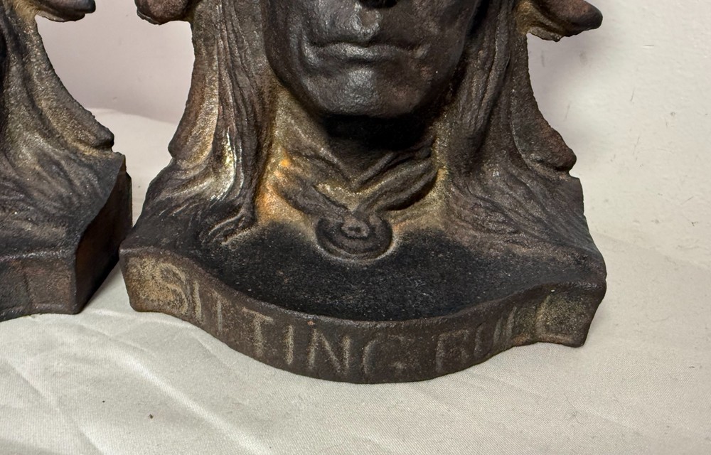 Pair antique Sitting Bull solid cast iron figural native american chief bookends