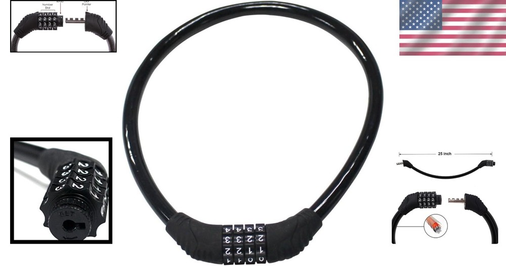 Compact 4-Digit Combination Lock - Strong Steel Cable for Bicycle Security, 2ft