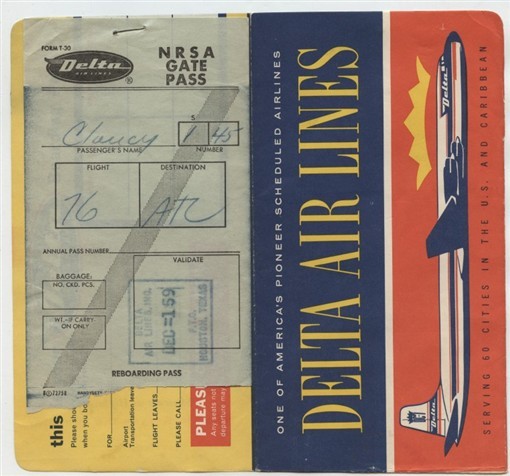 Delta Airlines Ticket Jacket Gate Pass Familiarization Ticket 1959