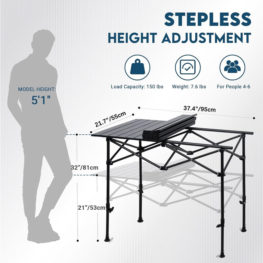 Folding Camping Table Adjustable Height Aluminum Camp Table W/ Roll Up Top
