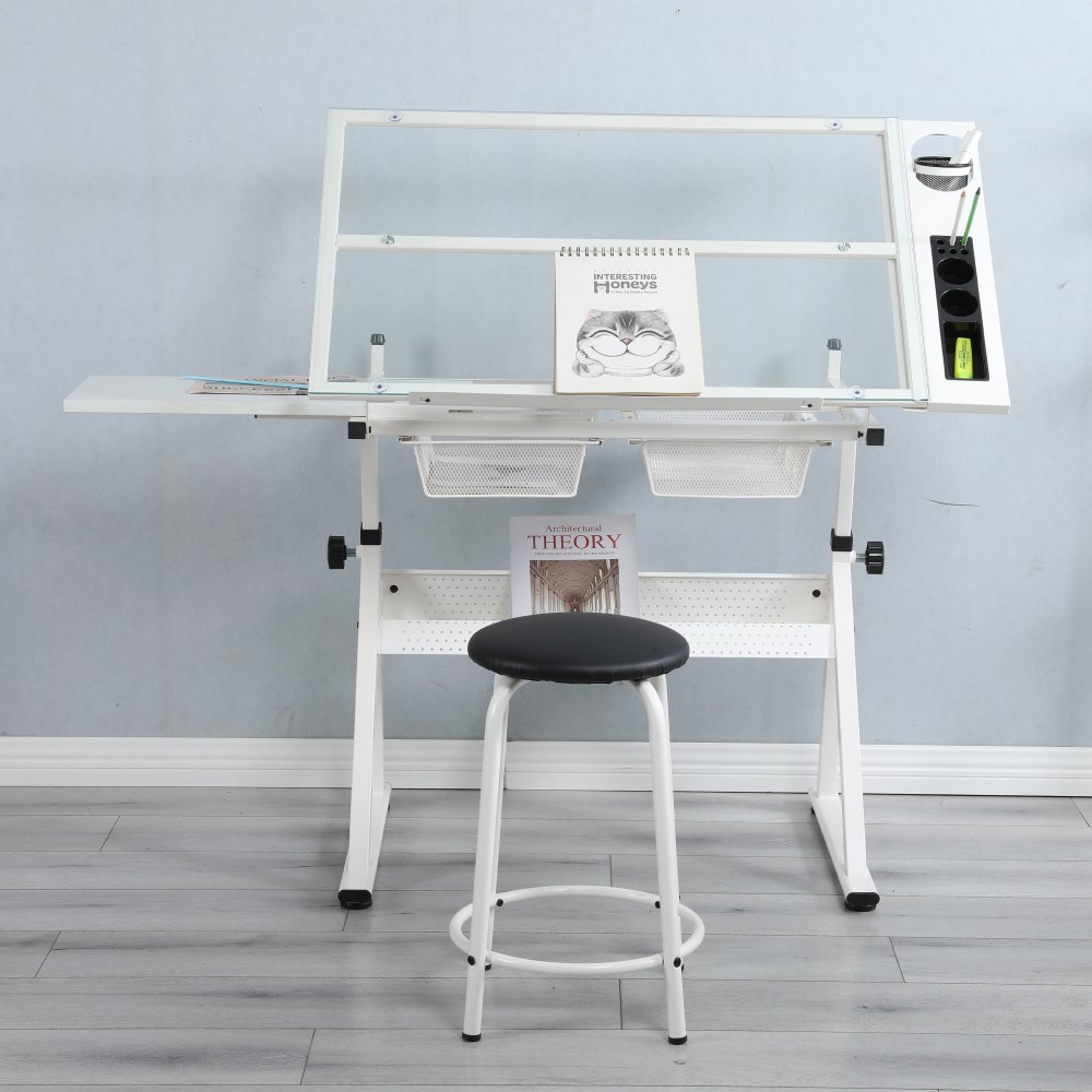 Adjustable Tempered Glass Drafting Table with Chair - Drawing Art Desk