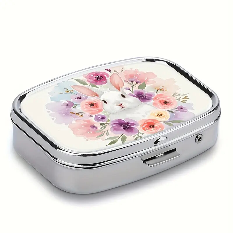 Pink Floral Rabbit Design Metal Pill Box - 2 Compartment Portable Size