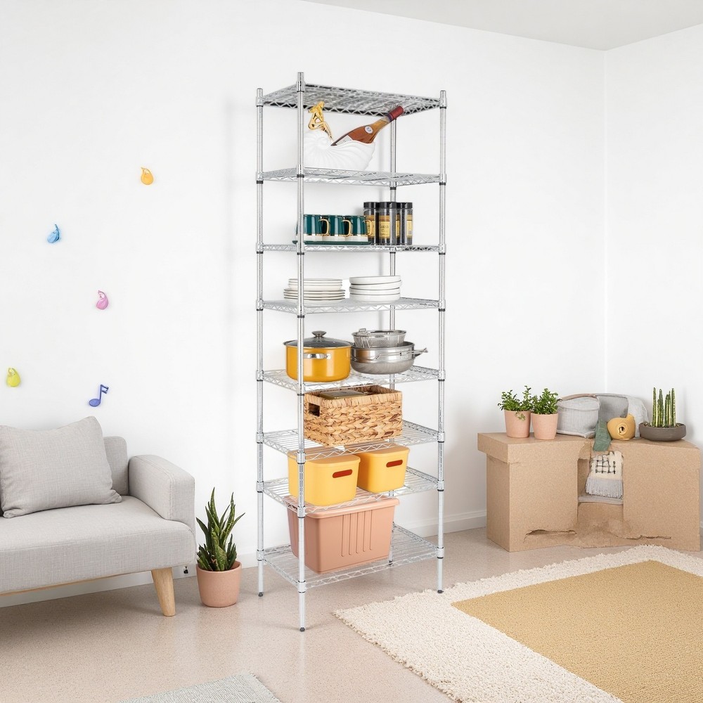 8-Tier Wire Shelving Unit - Heavy Duty, Adjustable, Silver, Modular Kitchen Rack