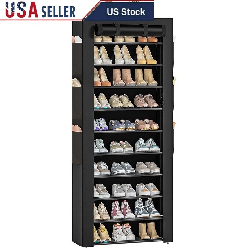 10 Tier Large Shoe Rack Organizer W/ Side Pockets Dustproof Storage Solution New