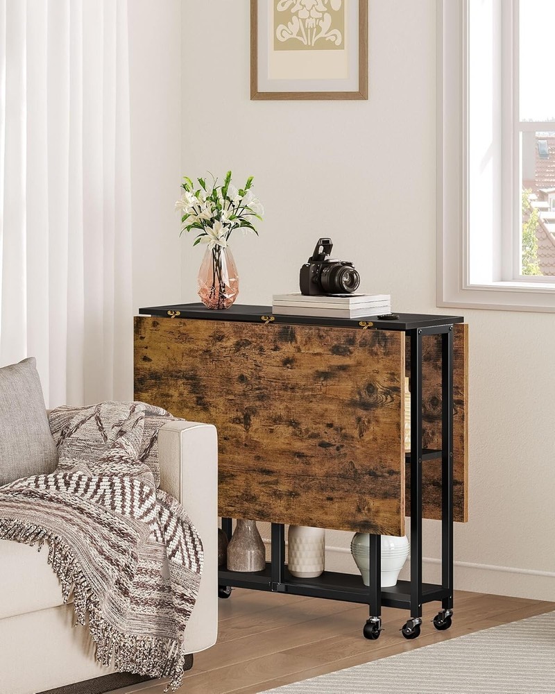 Expandable Dining Table Movable Versatile Kitchen Table with 6 Wheels Rustic Bro
