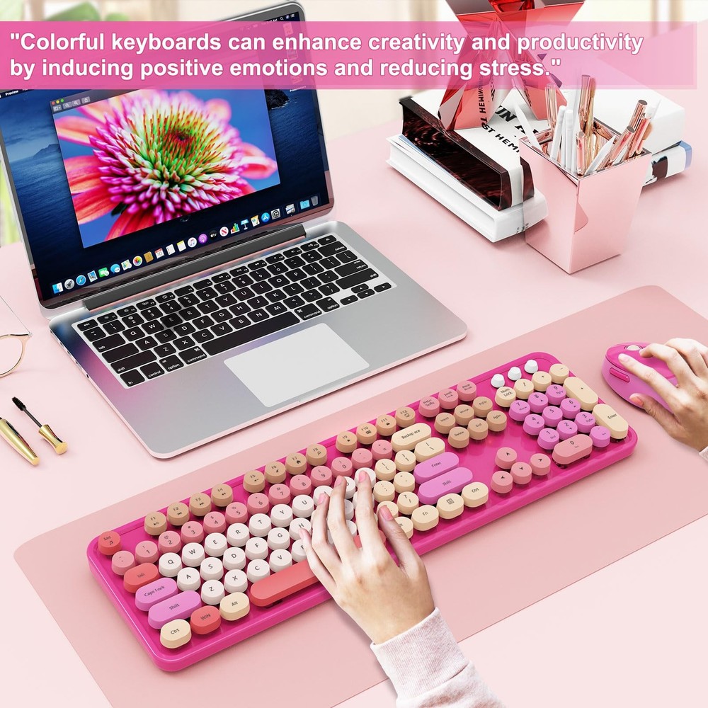 Red Wireless Keyboard Mouse Combo Full Size Retro Round Keycap PC Windows