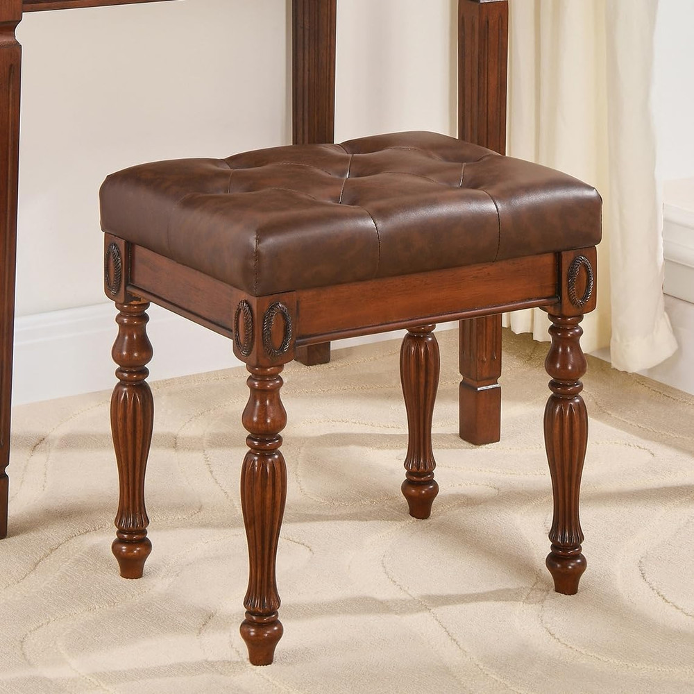 Solid Wood Vanity Bench Stool with Upholstered, Mid-Century Piano Bench with Car