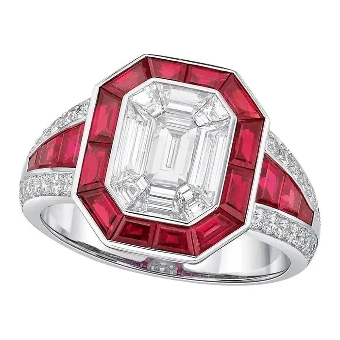 Art Deco Style Lab Created Diamond & Ruby 14K White Gold Finish Engagement Ring