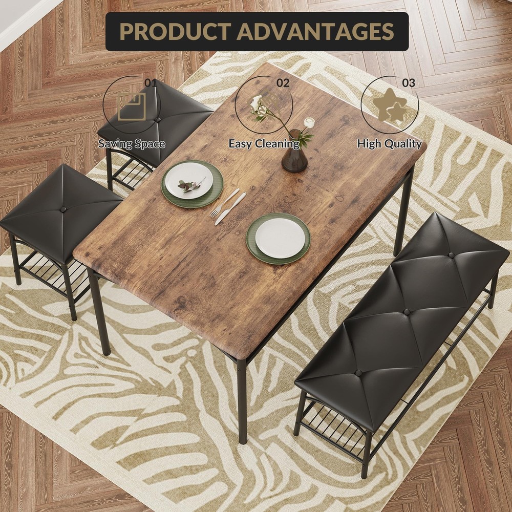 4pcs Dining Set for Small Spaces Kitchen Table w/ Upholstered Bench & 2 Stools